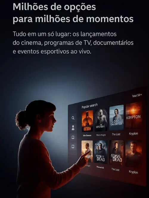 Mulher usando uma tela digital interativa para escolher filmes e séries em um ambiente escuro, com texto promocional sobre conteúdos de cinema, TV, documentários e esportes ao vivo.